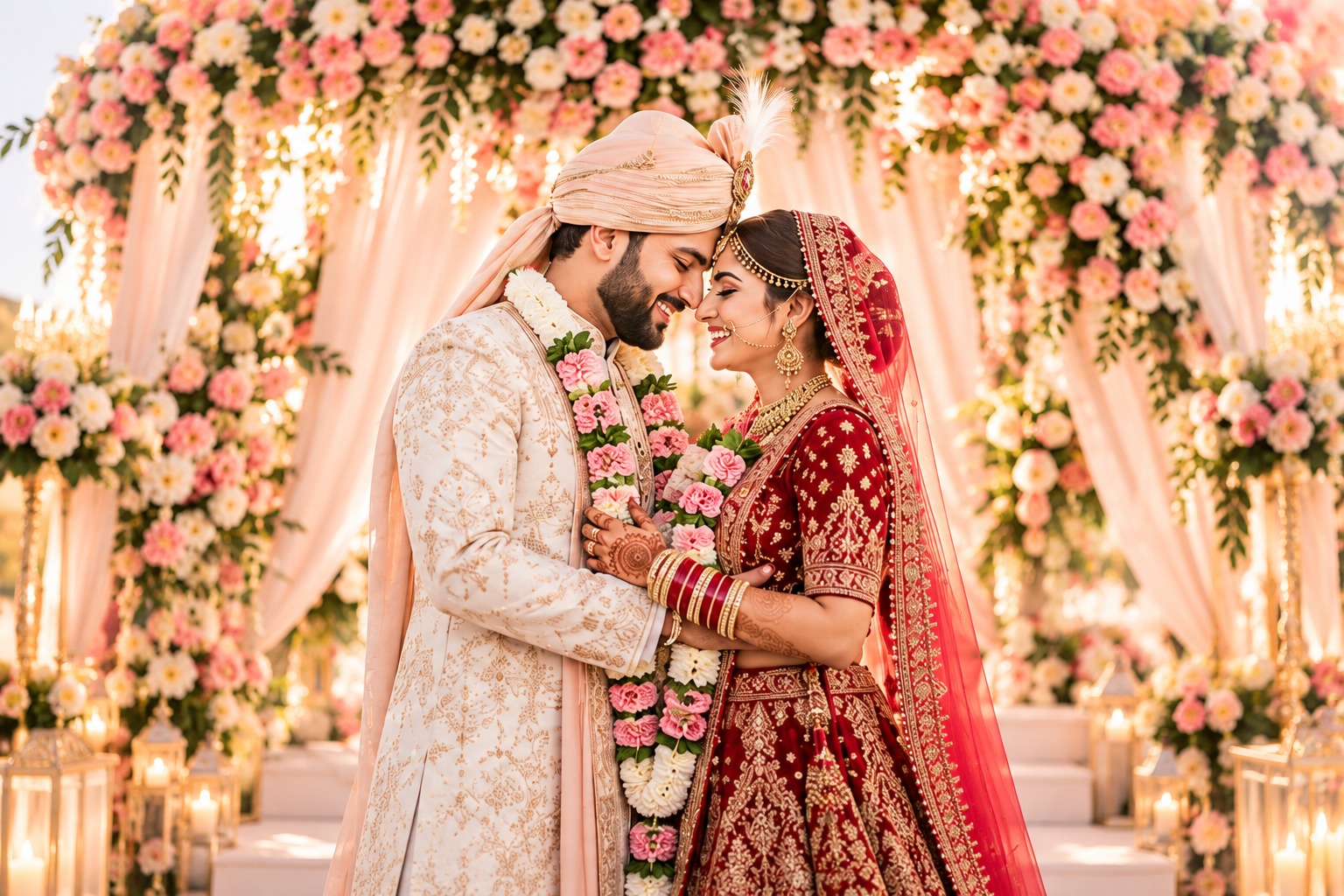 Newly married couple with bouquet